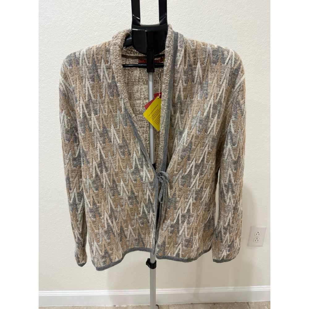 Kuna‎ 100% Baby Alpaca Cardigan Sweater Beige Grey Chevron Knit NWT Size L